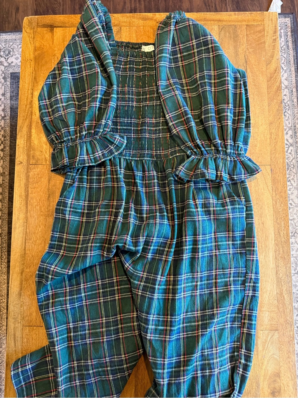 Green Plaid Smocked Waist jumper